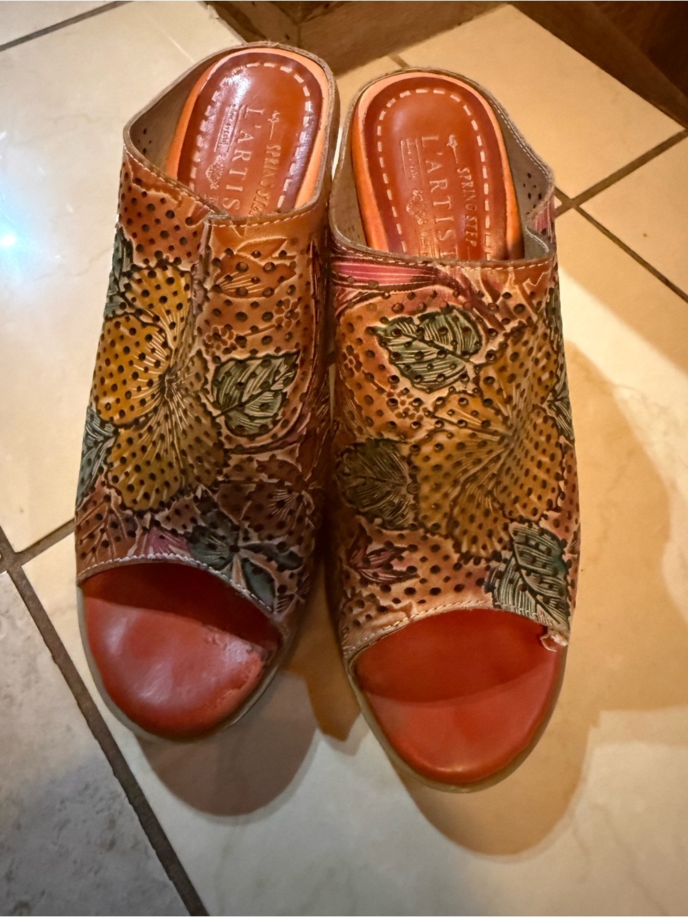L'ATISTE Hand-Tooled Floral Leather Open-Toe Mules in Tan and Orange